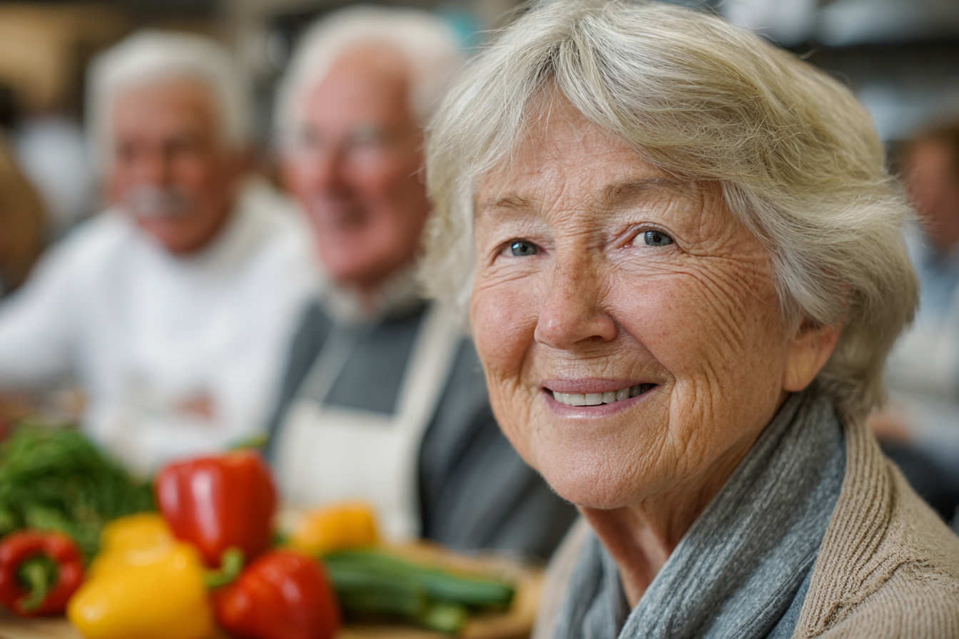 Група людей зрілого віку виконує йогу на природі